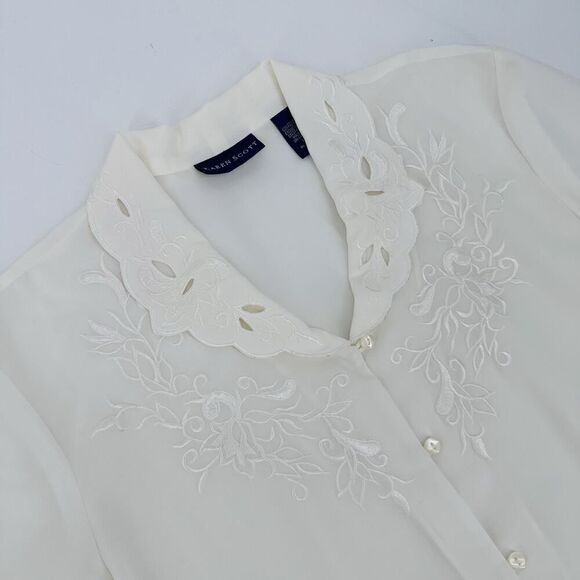 Vintage Karen Scott Button Up Blouse Fancy Collar Embroidered Ivory Womens Large - Picture 8 of 12